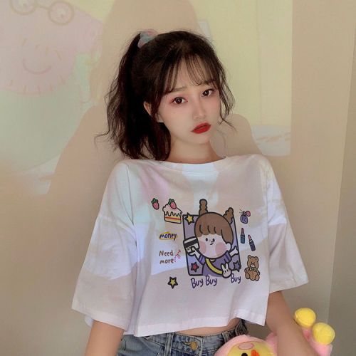 Short T-shirt women 2020 new summer short sleeve female students Korean loose half sleeve high waist navel top ins fashion