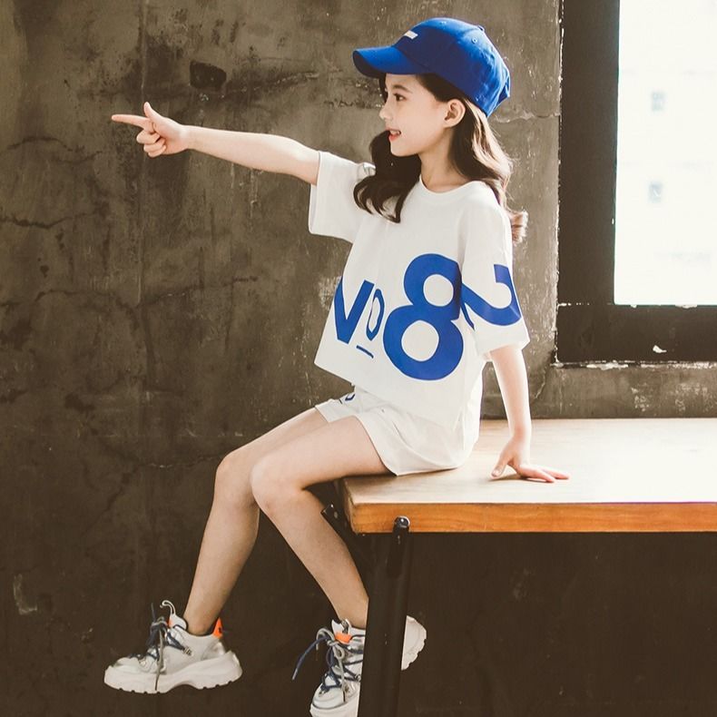 Children's wear girls' Shorts Set summer 2021 new Zhongda children's fashion net red sports leisure children's two piece set