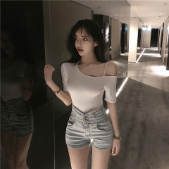 Real price real shot Korean slim care machine exposed one shoulder sling 5-sleeve T-shirt women's solid color versatile top
