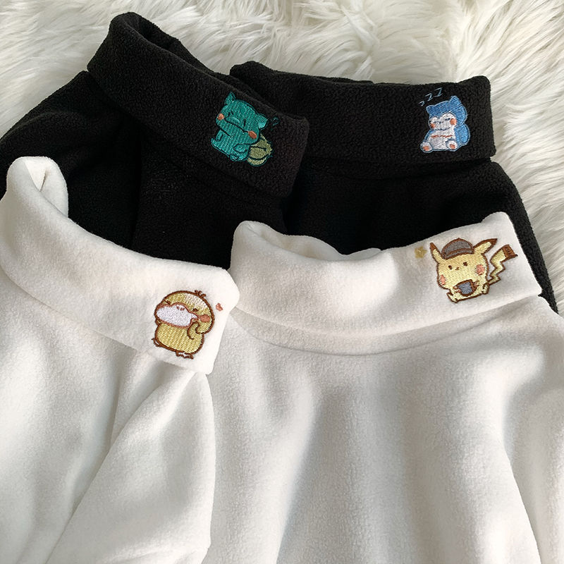 Long sleeve T-shirt for women 2020 new cute small embroidery half high collar rocking fleece warm autumn and winter student base coat