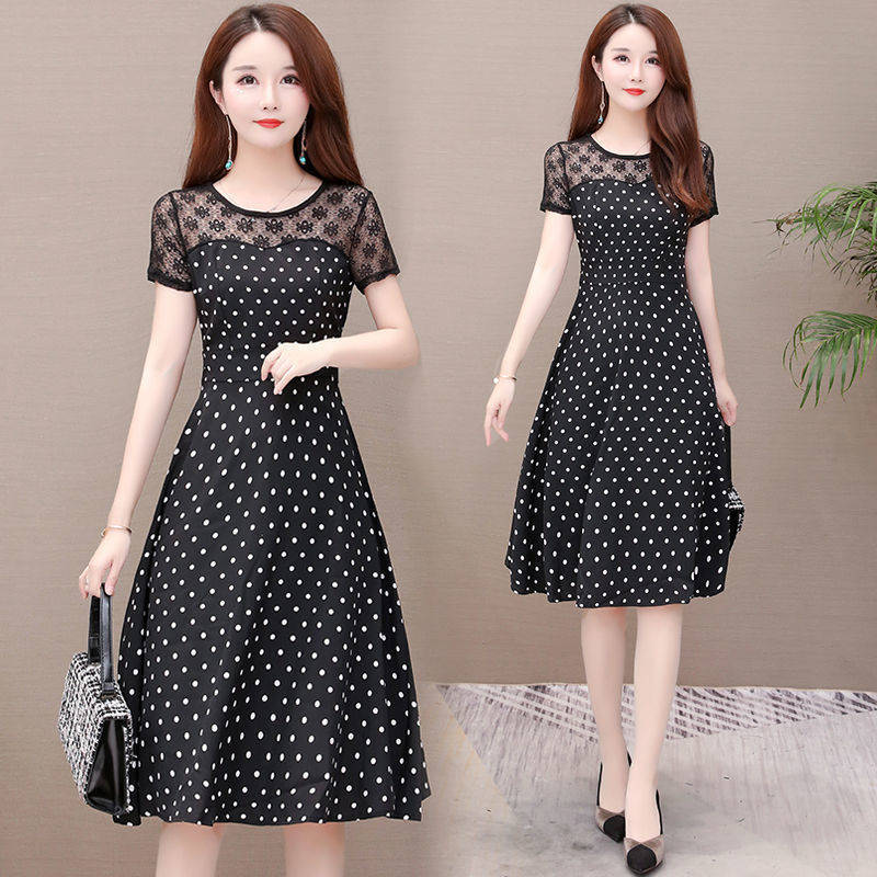 Polka dot dress women's 2020 summer new slim sexy lace patchwork temperament mid long dress mother's dress