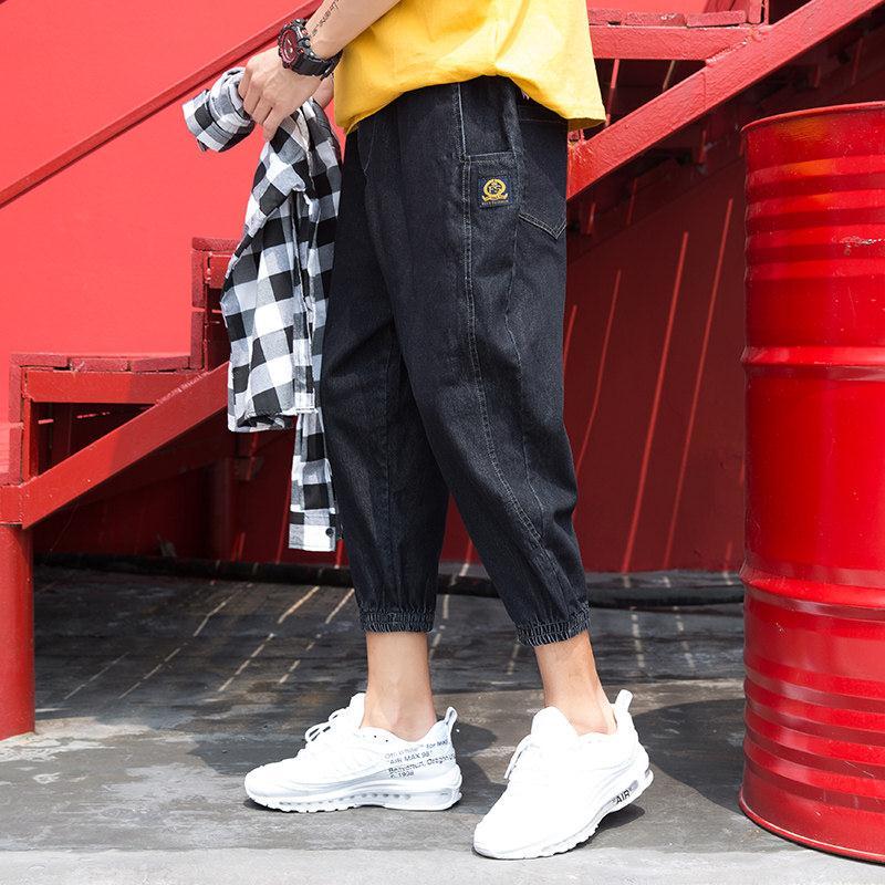 Fattening plus size men's Harlan legged jeans Capris summer fashion brand black elastic loose Capris