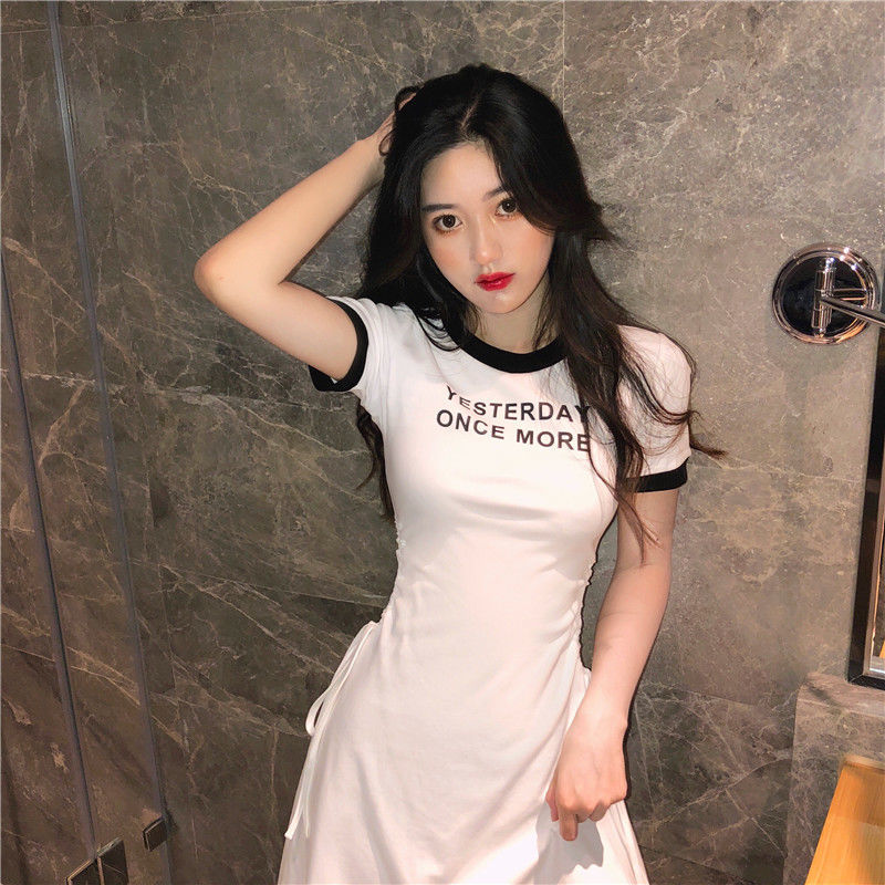Dress 2020 new summer short sleeve skirt Korean version slim drawstring sexy little man casual waist