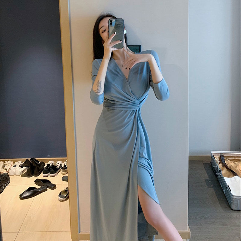 New style temperament V-neck kink waist split knitted dress sexy super xiansen ankle dress