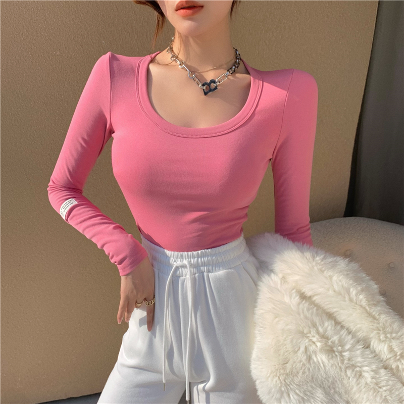 Real price youth round neck long sleeve T-shirt women's Korean solid color versatile slim slim neck bottoming top