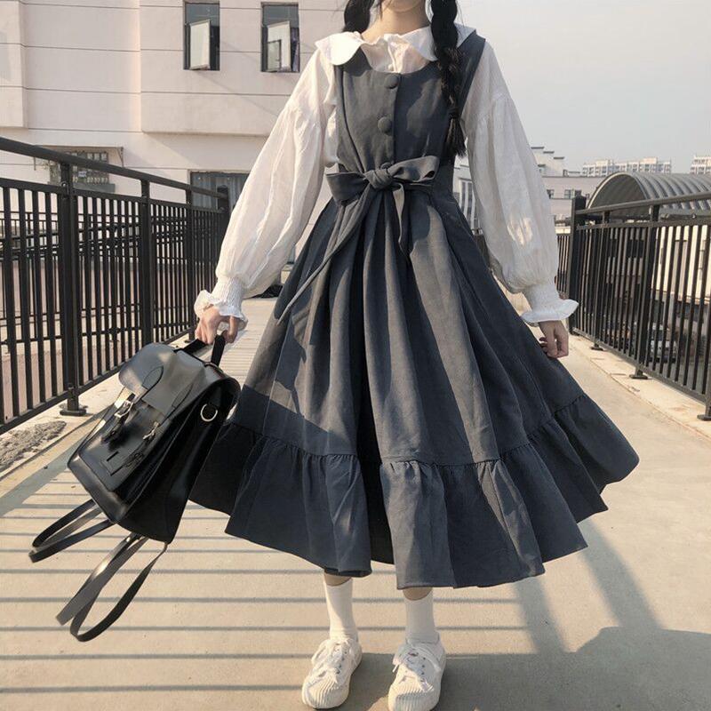 Ins dress women's spring and summer Korean loose show thin and fresh college style white shirt + mid long strap skirt