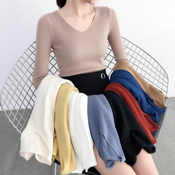 Fall / winter 2020 V-neck Pullover Sweater women's tight fitting long sleeve bottomed T-shirt casual T-shirt Korean solid