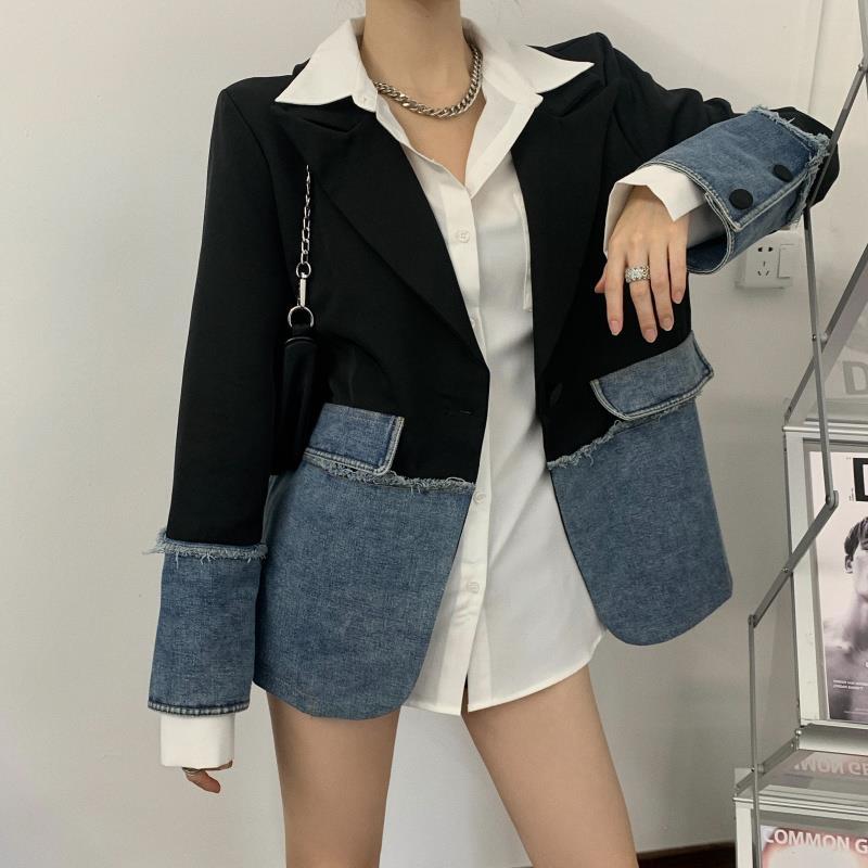 Fried Street rough edge denim stitching suit coat women's spring and autumn British style design sense minority leisure temperament small suit