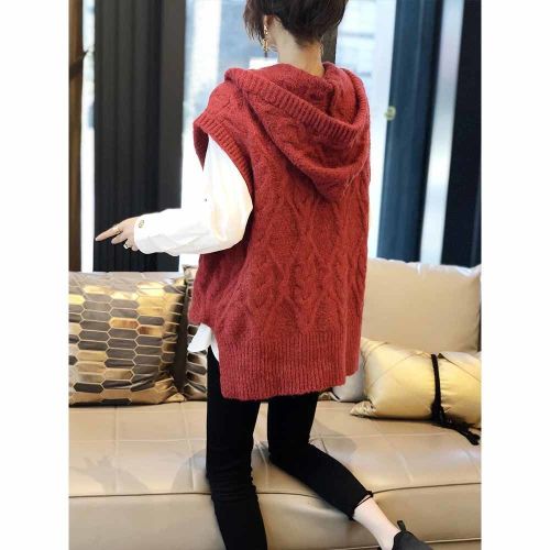 RED HOODED knitted waistcoat women's loose life year twist sweater spring clothing new European station in 