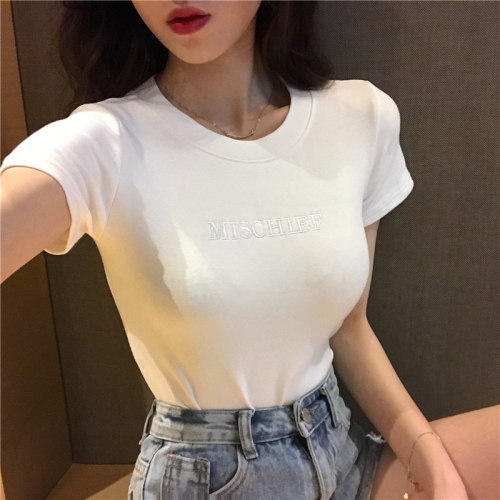 Real-price Korean round-collar, self-cultivation and white-tied jacket new student short-sleeved leisure letter girl T-shirt