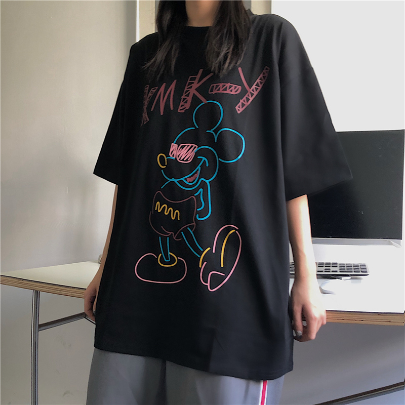 Real price Hong Kong Style Japanese classic Mickey short sleeve t-shirt female Korean loose 2021 dark Department Harajuku fashion fashion fashion