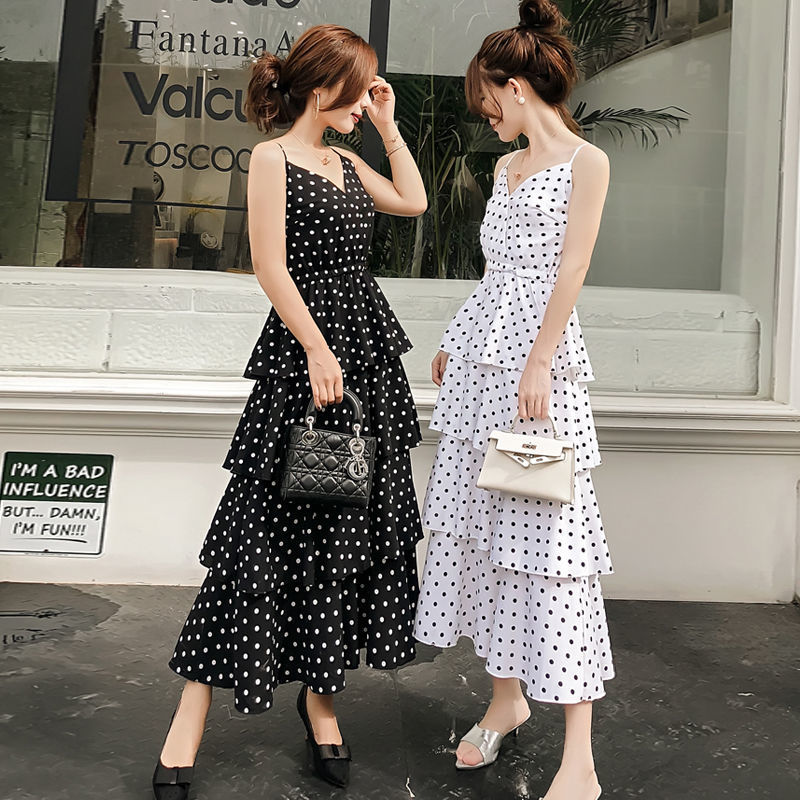 New summer Chiffon suspender skirt cake skirt wave point seaside holiday skirt beach skirt women's open back dress