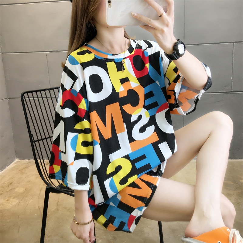 Real shooting of mid long summer new Korean Short Sleeve T-shirt for female students