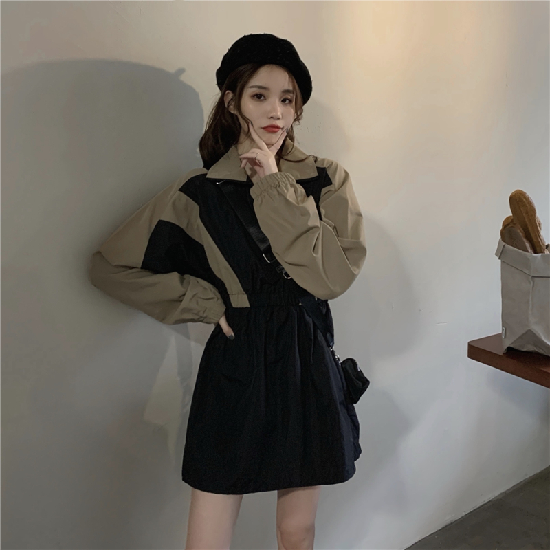 Real price! Korean retro Hong Kong Style slim waist contrast stitching Long Sleeve Dress