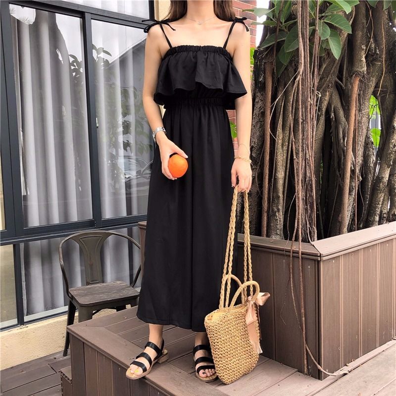 Summer suspenders women's casual jumpers women's slim Korean versatile Capris women students loose wide leg pants women