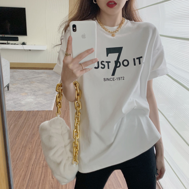 White round neck short sleeve T-shirt with women's foreign style letter printing