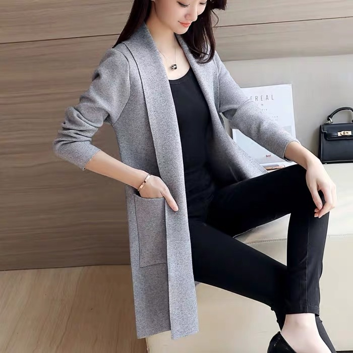 Medium length sweater coat women's T-shirt cardigan spring and Autumn New Women's wear Korean loose solid color top fashion