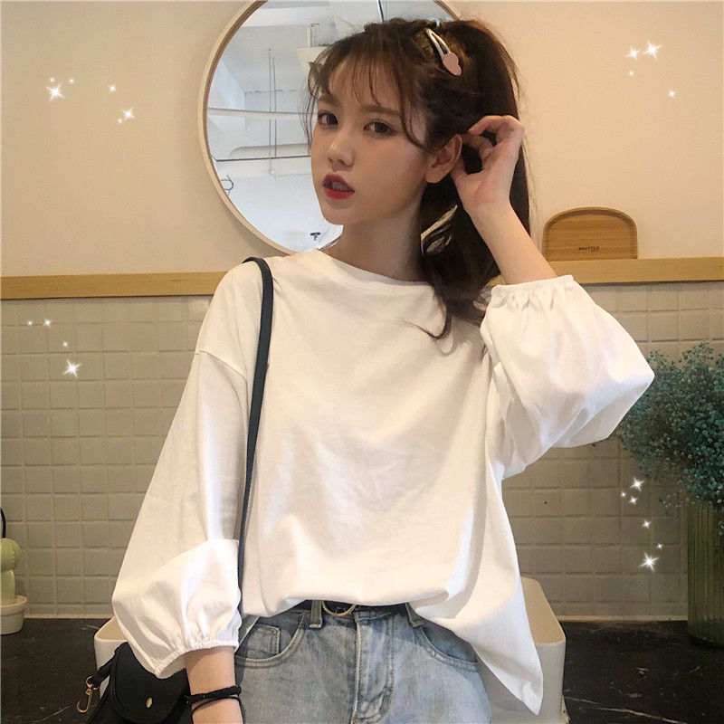 Autumn Korean loose ins college style white versatile Lantern Sleeve long sleeve T-shirt girl student top