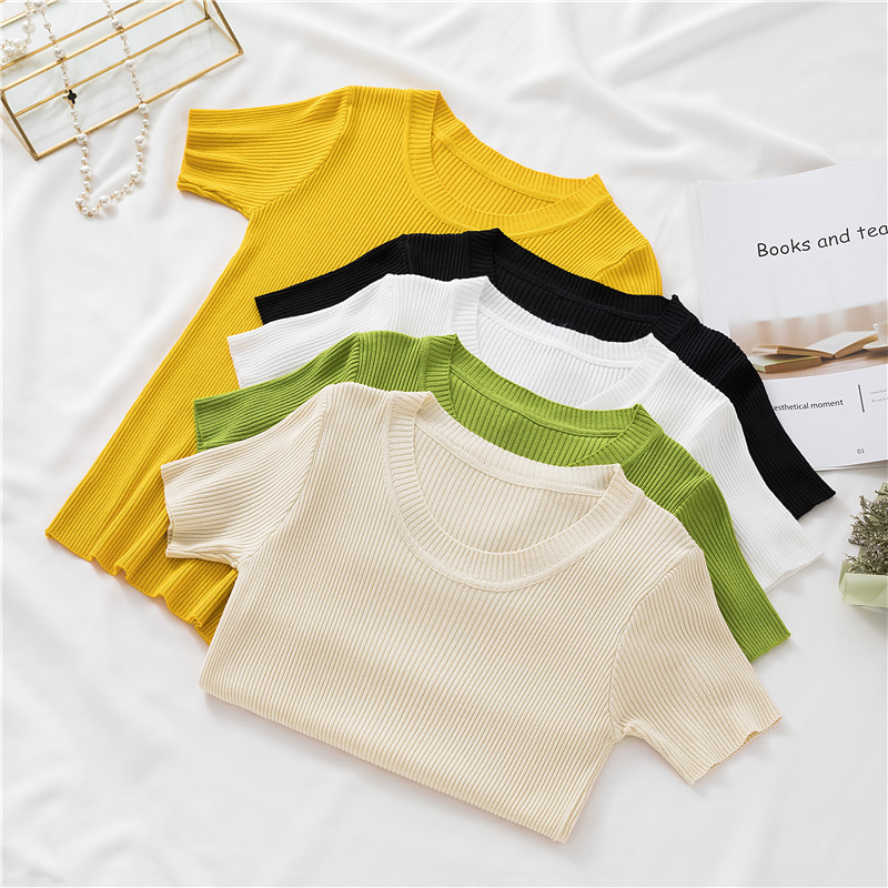 2020 summer new Korean solid short sleeve T-shirt women's slim fit with short ice silk knitwear thin top