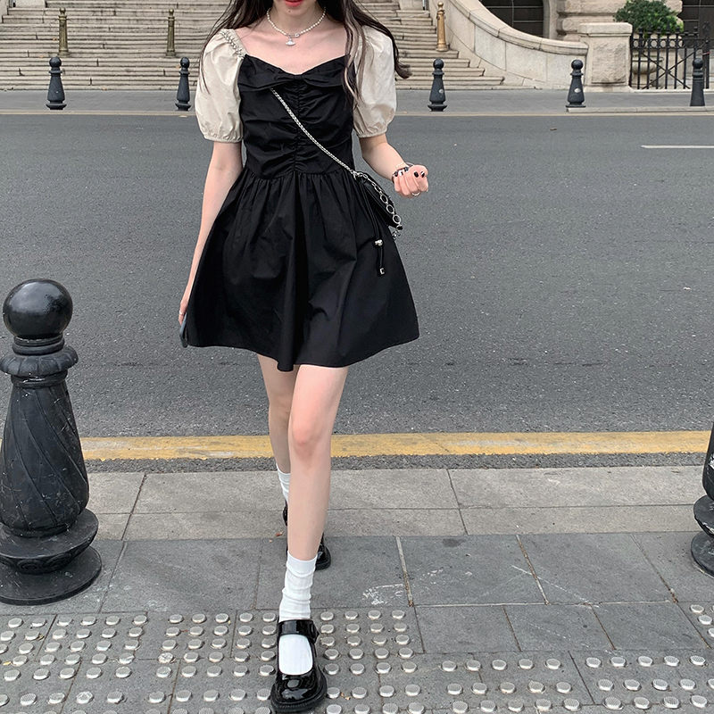 Real shot real price design feeling bow bubble short sleeve close waist show thin dress color contrast square neck short top female