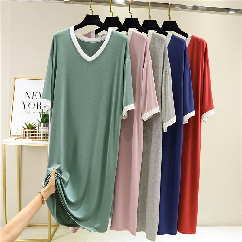Summer new modal V-neck short sleeve dress women's large size loose dress thin skirt