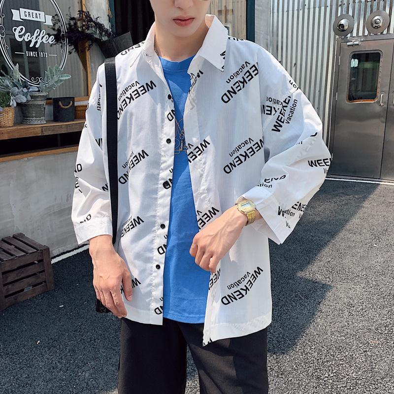 Hong Kong Style Japanese shirt men's half sleeve Korean fashion handsome short sleeve ruffian handsome summer 7 / 7 sleeve shirt coat