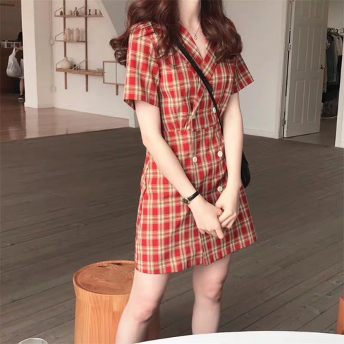 Platycodon grandiflorum French retro thin temperament Plaid suit small fragrance dress super Fairy Forest female spring and summer