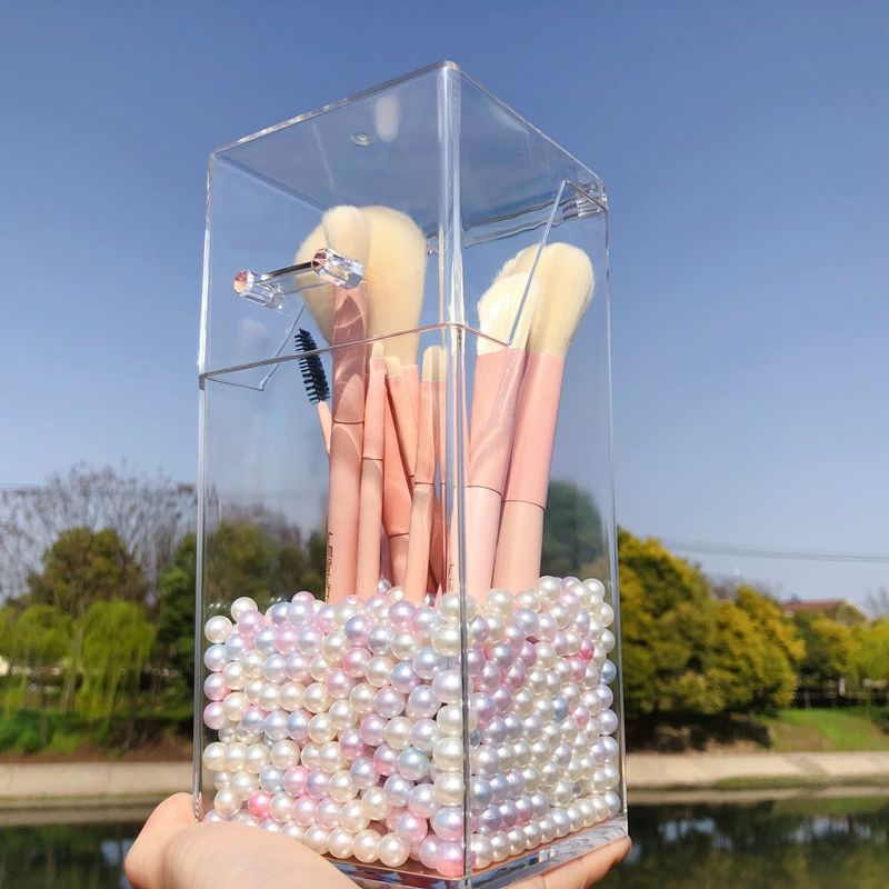 Acrylic cosmetic brush barrel cosmetic brush container dust-proof pen container Brush Cosmetic container cover with Pearl