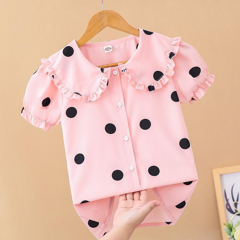 Girls' summer new wave point shirt middle school children's short sleeve top baby collar Summer Dress Girls' shirt