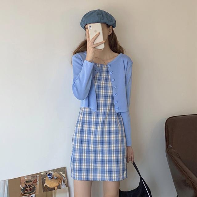 Plaid Dress women's summer new retro small sling skirt slim student short skirt