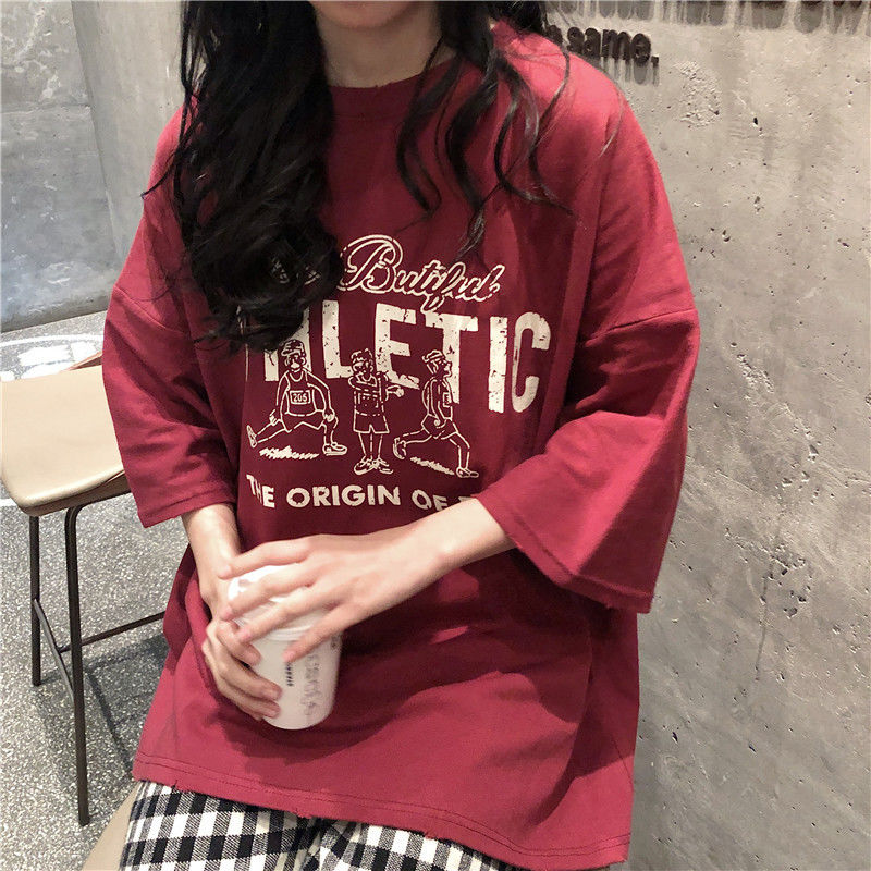 Cotton short sleeve T-shirt women's loose summer new Korean version ins retro Harajuku Hong Kong style student wine red clothes