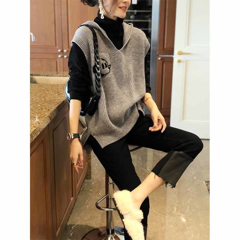 Europe station 2021 spring dress new European fashion Mickey hooded sweater women's waistcoat sleeveless sweater jacket fashion