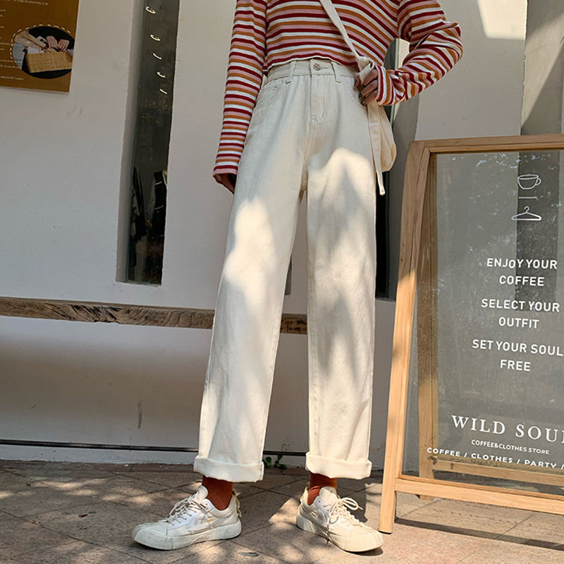 Autumn chic retro versatile high waist straight jeans for female students