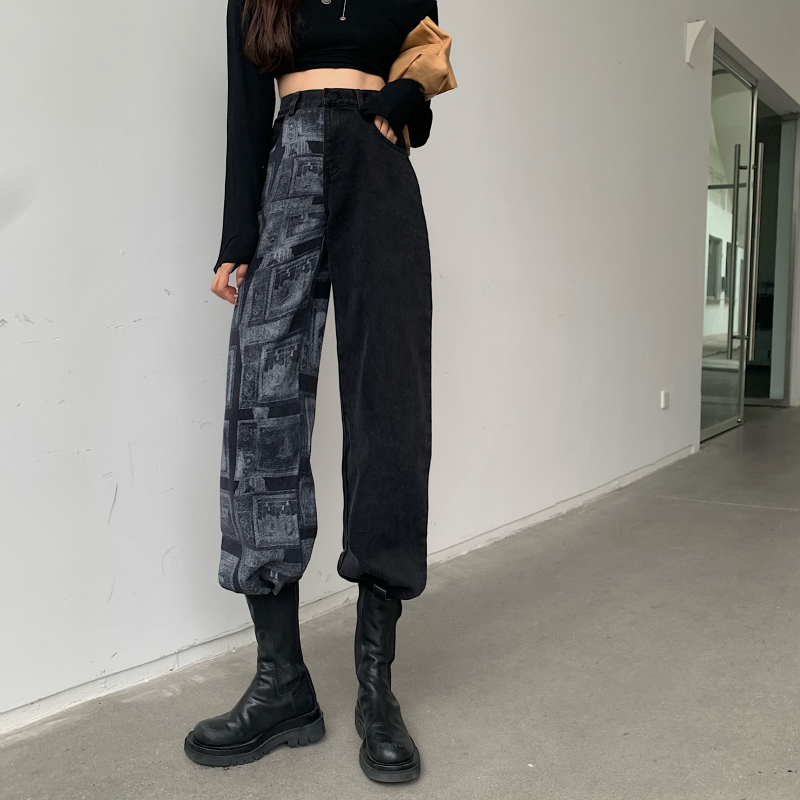 Real price jeans women's high waist straight tube loose wide leg pants show thin color contrast splicing dad pants