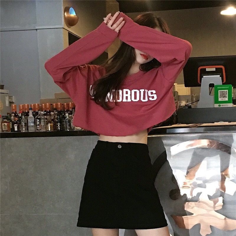 Spring and Autumn New Korean card waist short, navel exposed, thin and high, versatile round neck printed long sleeve T-shirt, women's top fashion