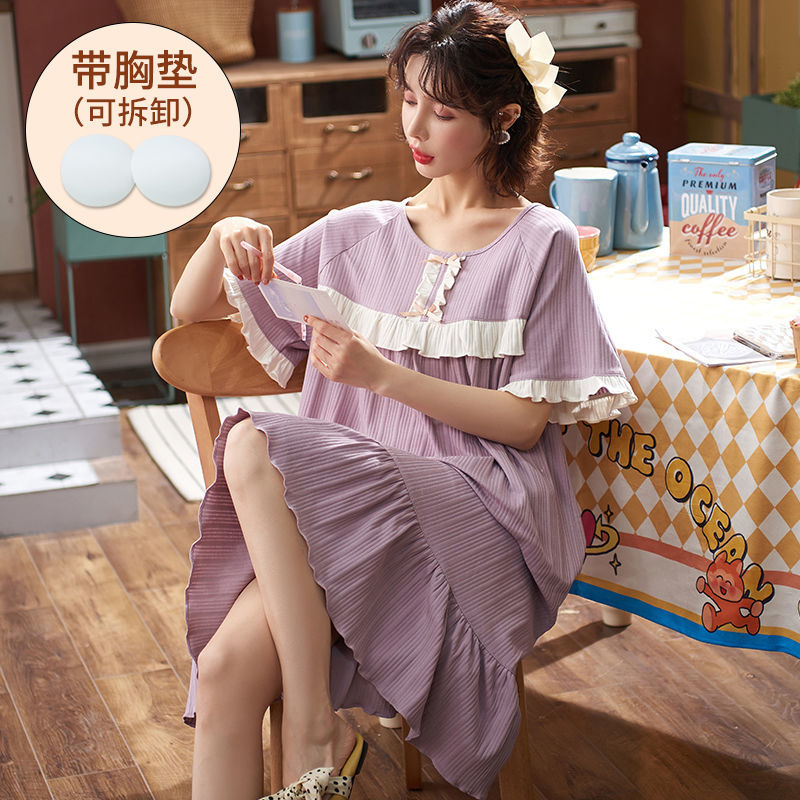 New cotton pajamas women's brassiere sleeping skirt women's spring and summer short sleeve student's Korean loose large size over knee home clothes