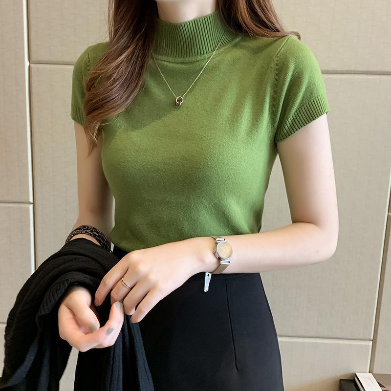 Half high collar short half sleeve knitted T-shirt for women's spring and summer bottoming shirt with sweater inside and short waistcoat for outer wear