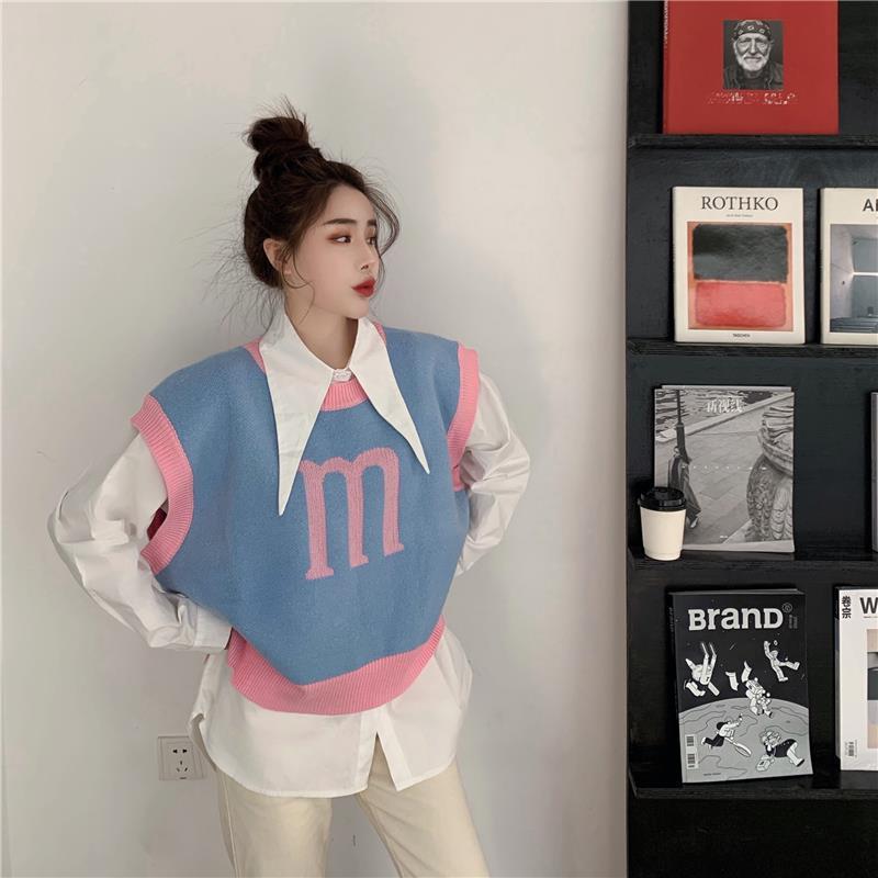 Two piece suit / single spring and autumn new student baby collar long sleeve shirt + knitted vest vest vest blouse