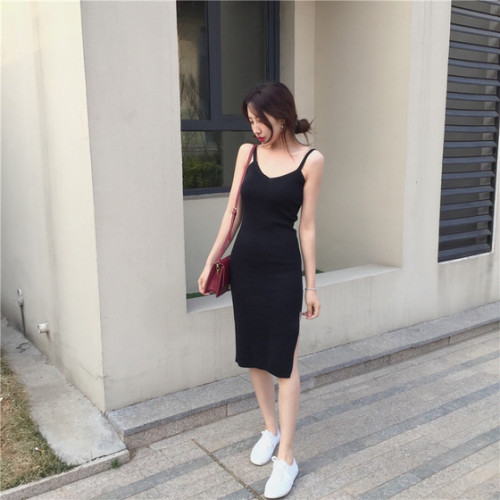 Real shot real price spring Korean slim dress women's mid long suspender skirt