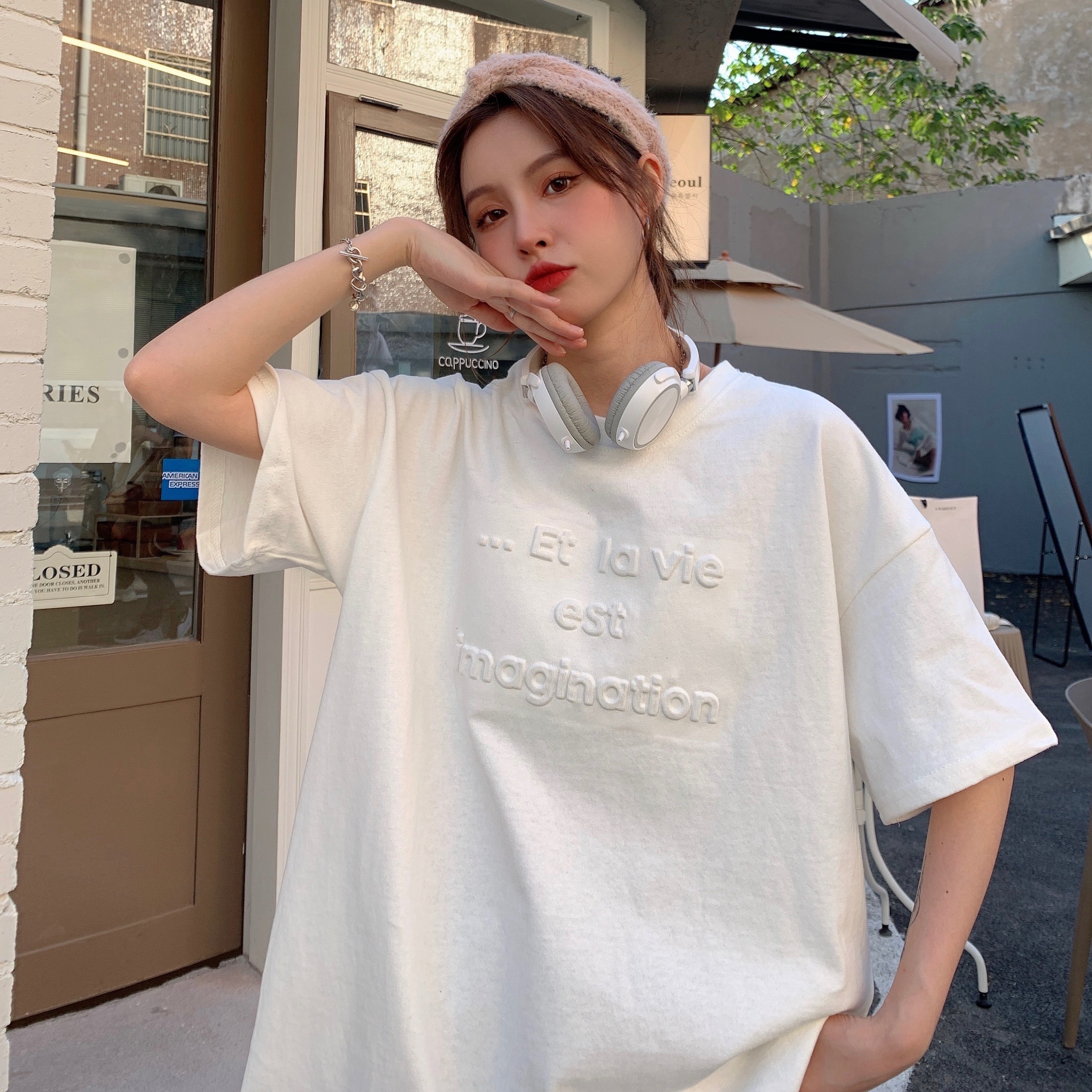 Real price real shot Korean loose casual BF style personality letter thickened base Shirt Short Sleeve T-Shirt female