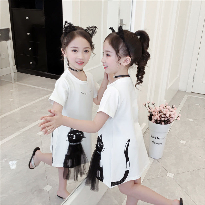 Children's wear 2021 summer girls' short sleeve dress T-shirt skirt medium length middle school girls' princess skirt cotton T-shirt