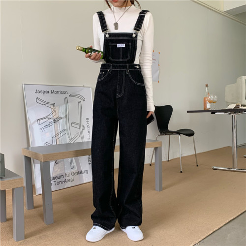 Real shot real price net red denim strap pants women's fashion new Korean loose and thin casual straight pants