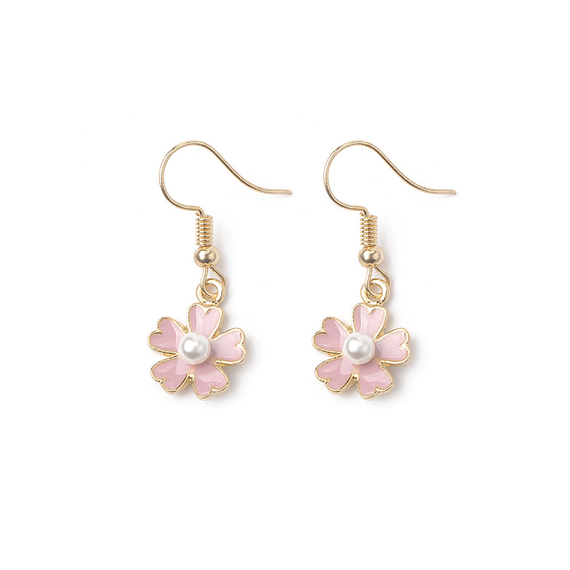 Summer fresh pearl flower five petals Earrings ins pink girl heart temperament ear nail clip