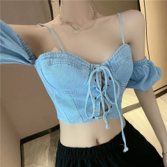 Real price 2021 new French niche design denim suspender vest with sexy strap off shoulder top