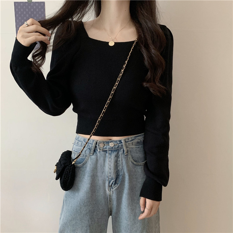 Real price real shot ~ New Korean square neck bubble sleeve short Pullover long sleeve T-shirt