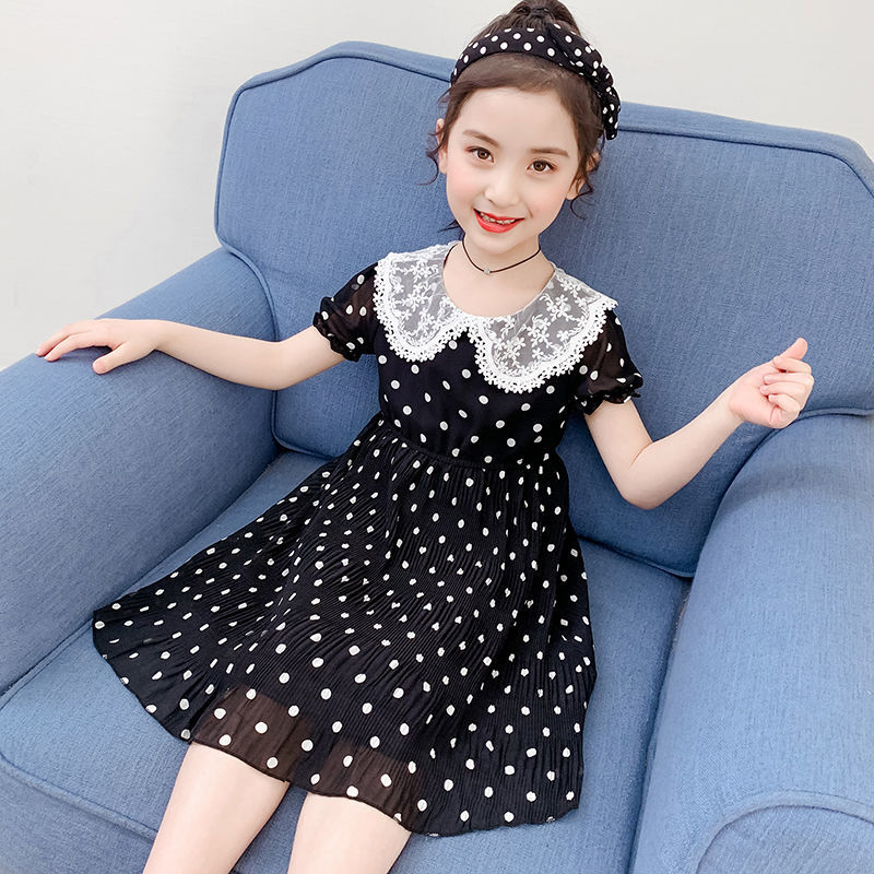 Girls Chiffon Dress summer new style doll collar wave point skirt children trumpet sleeve princess skirt
