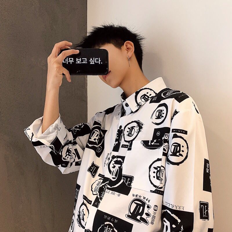 Ins retro ruffian Print Shirt Men's loose Hong Kong style shirt coat Long Sleeve Korean version social spirit guy