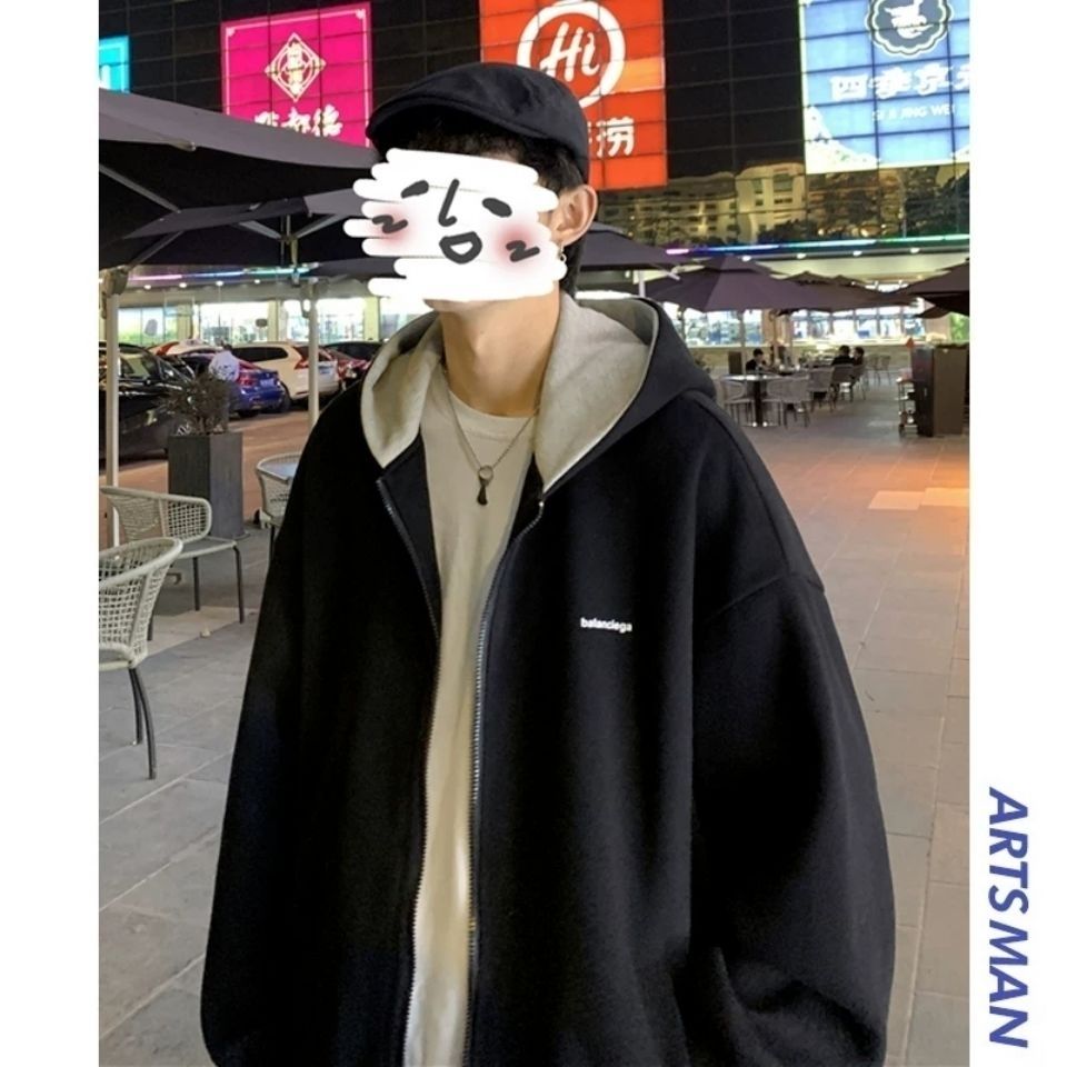 Cardigan zipper Plush sweater men's autumn and winter Korean fashion versatile ins Hong Kong Style coat loose BF lazy style