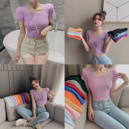 Real price real shot sexy high waist open navel AA short sleeve top solid color slim bottomed T-shirt