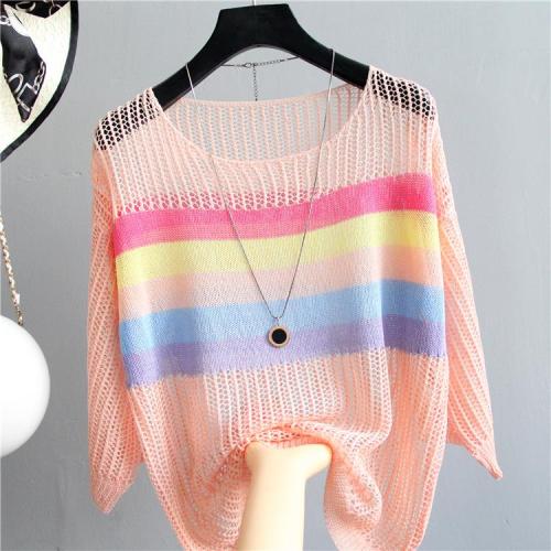 New hollow-out sunscreen shirt, loose-sleeved T-shirt, jacket, striped ice silk knitted shirt